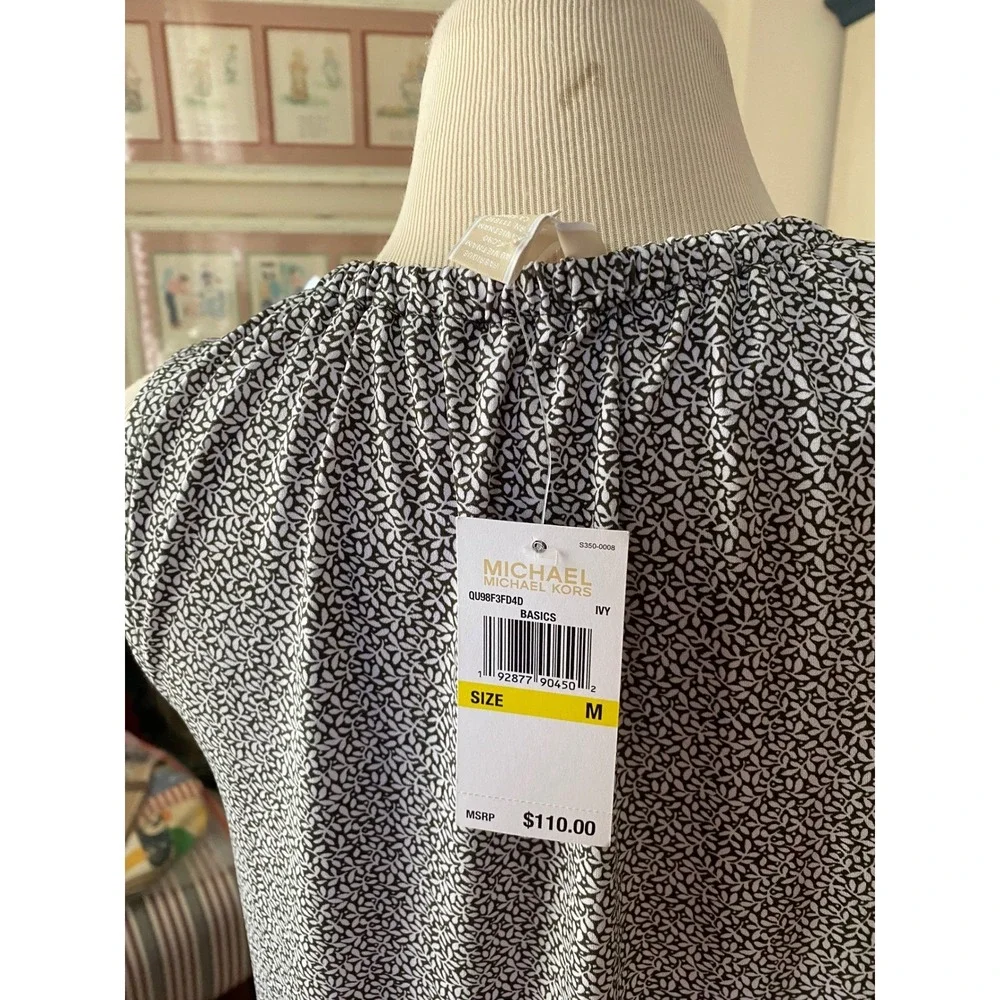 NWT Michael Kors Ivy Leaf Print Half Zip Sleeveless Shift Dress‎ BLACK White